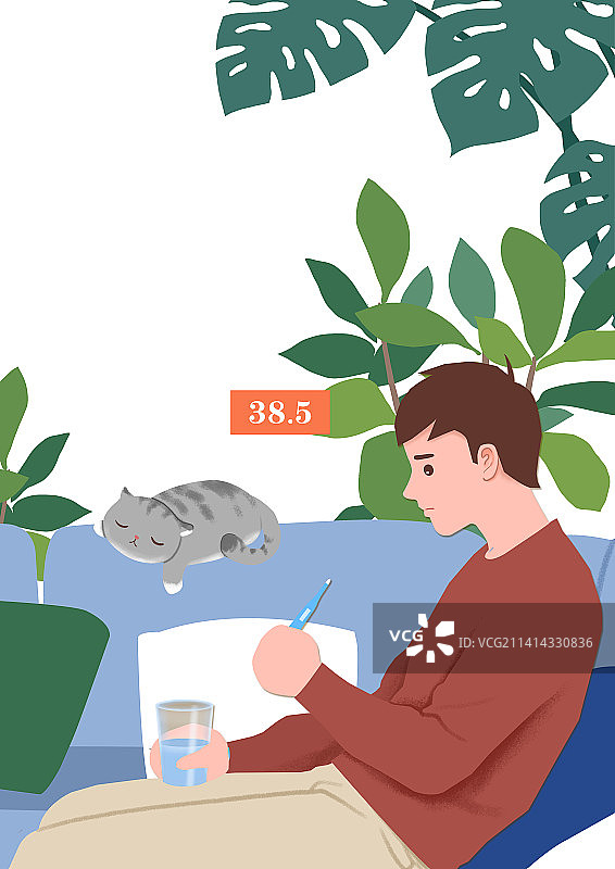 客厅沙发上感冒发烧的男子图片素材