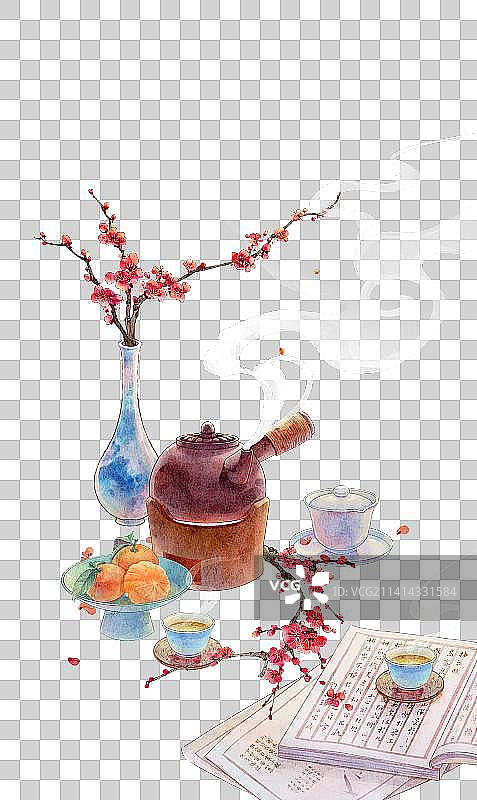 围炉清供煮茶插花梅花冬天室内桌面橘子春节图片素材
