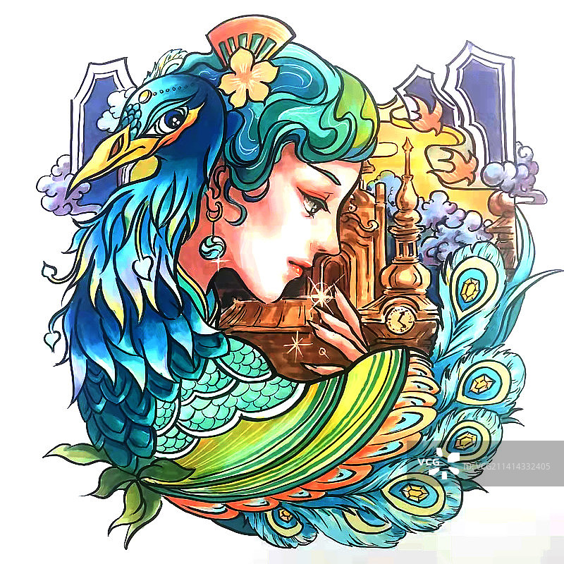民族马克笔手绘传统孔雀图片素材