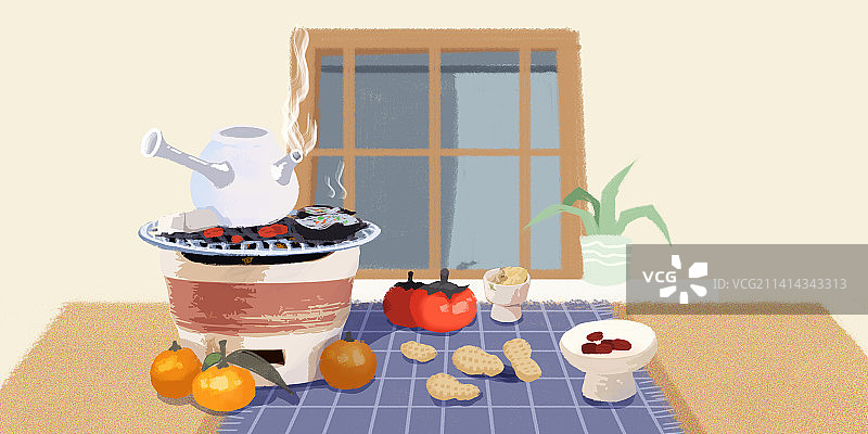 围炉煮茶横版插画图片素材