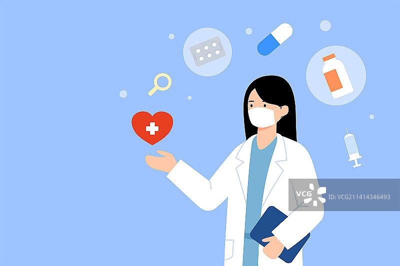 戴口罩的医生和药物药片胶囊手绘插画图片素材