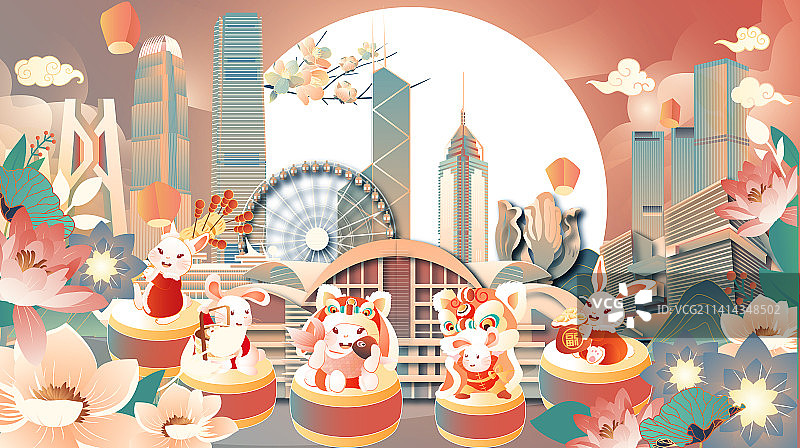 兔年春节香港地标建筑群矢量节日插画图片素材