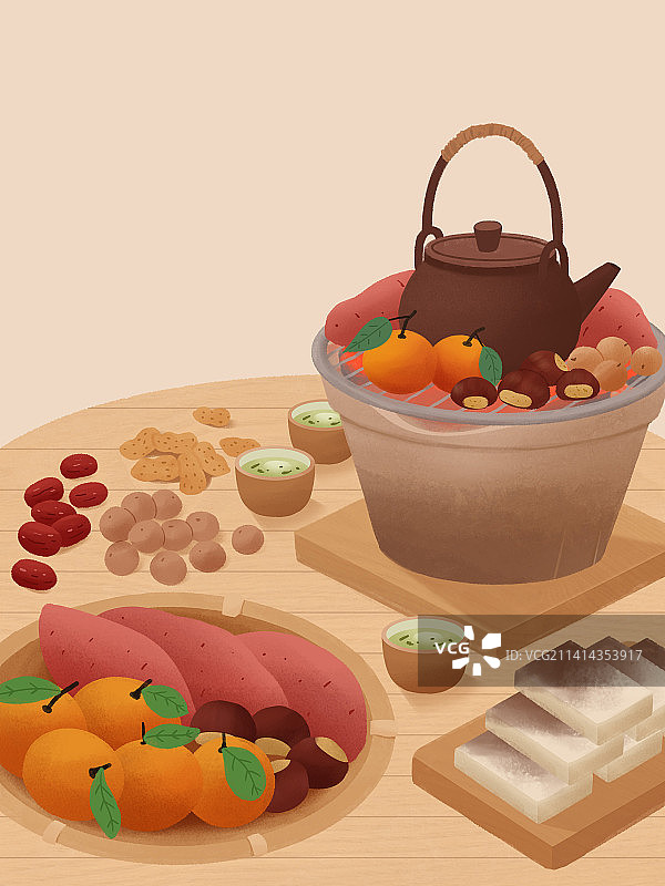 国风冬季围炉煮茶生活方式插画竖版图片素材