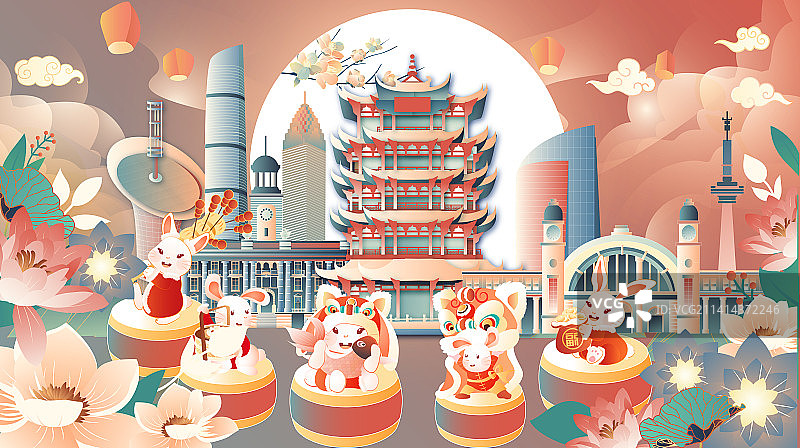 兔年春节武汉地标建筑横版矢量插画图片素材