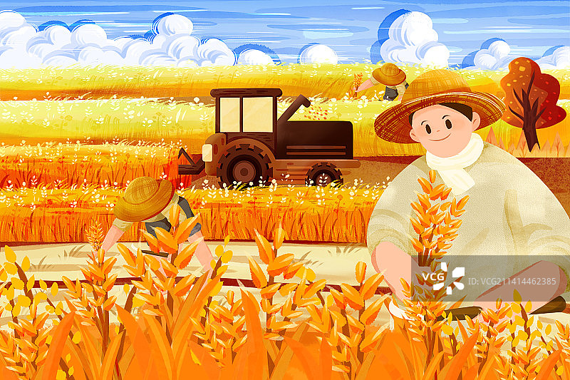 收割麦田大自然风景插画图片素材