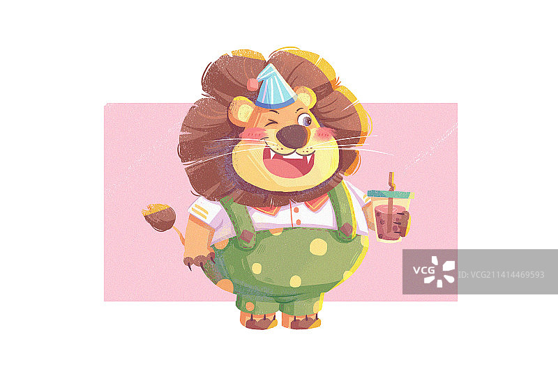 儿童插画-喝奶茶的小狮子图片素材