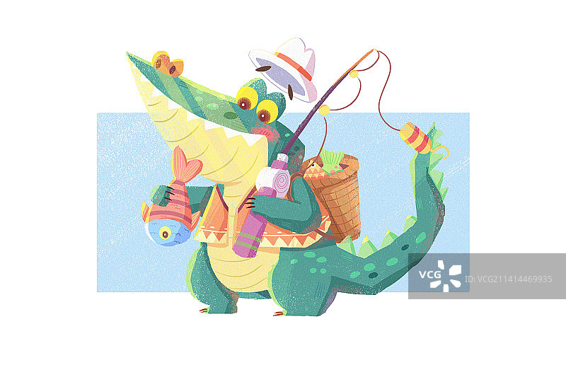 儿童插画-钓鱼的鳄鱼图片素材