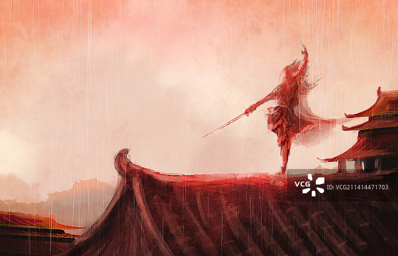 一个剑客在紫禁之巅舞剑插画图片素材