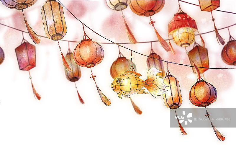 春节过年的红灯笼-水彩插画 白底图片素材