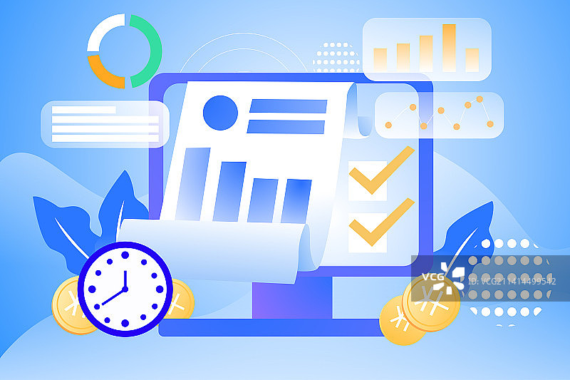 卡通节日商务年终保险投资理财年度账单商业分析理财基金扁平个税求职职业扁平矢量插画图片素材