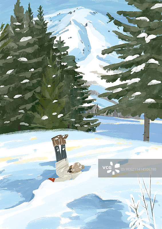 手绘雪地打滚雪天玩耍插画雪山积雪大寒插画手绘玩雪图片素材