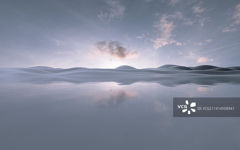 三维渲染起伏地形水面倒影图片素材