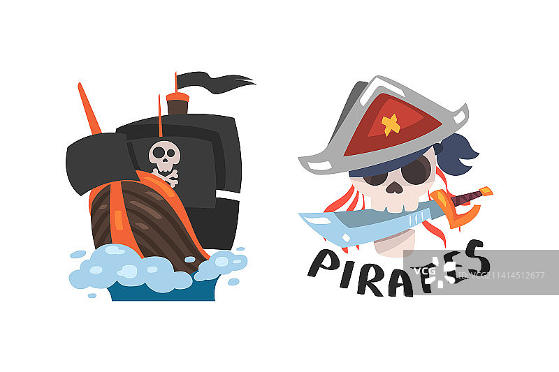 戴帽子、持军刀和黑船的海盗骷髅图片素材