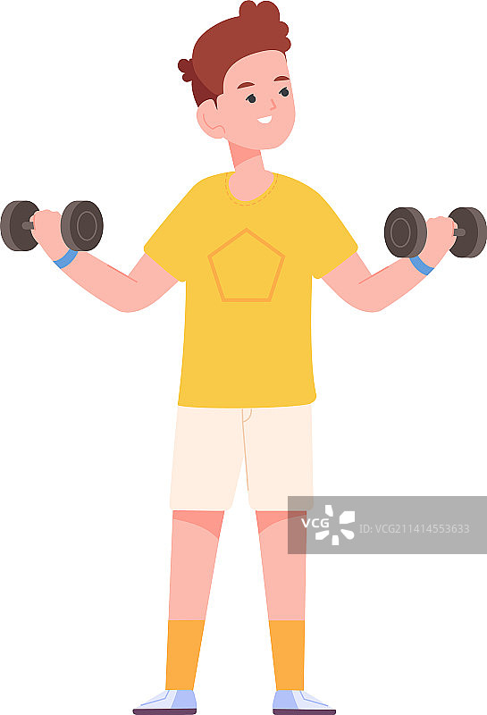 男孩举哑铃进行肌肉训练图片素材