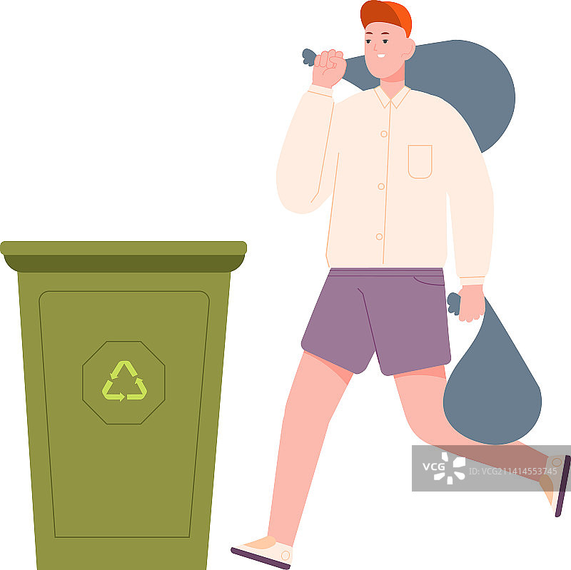 年轻男人把垃圾袋扔进垃圾桶图片素材