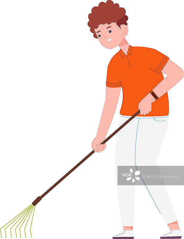 男孩在农业季节用耙子园艺图片素材