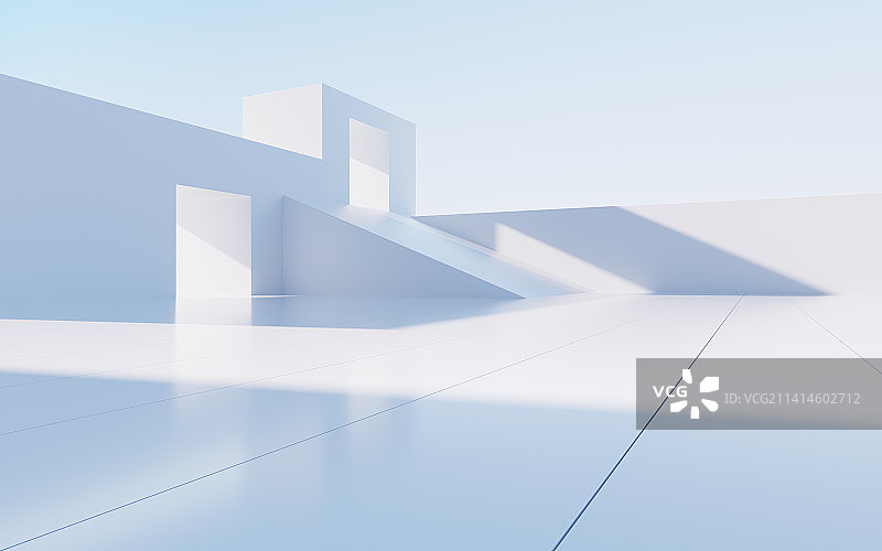 白色室外抽象几何建筑场景3D渲染图片素材