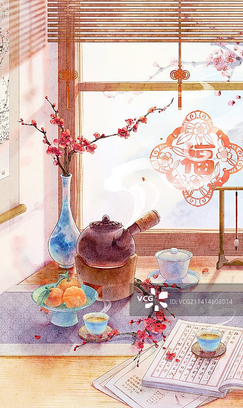 冬天窗前围炉煮茶梅花书桌清供小品静物国风模版图片素材