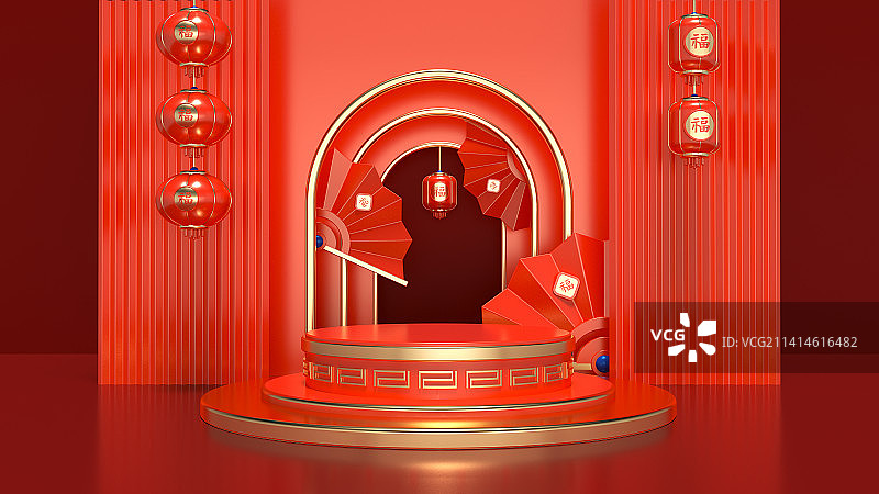 C4D新年产品展台，春节，红色，中国风，国潮，电商图片素材