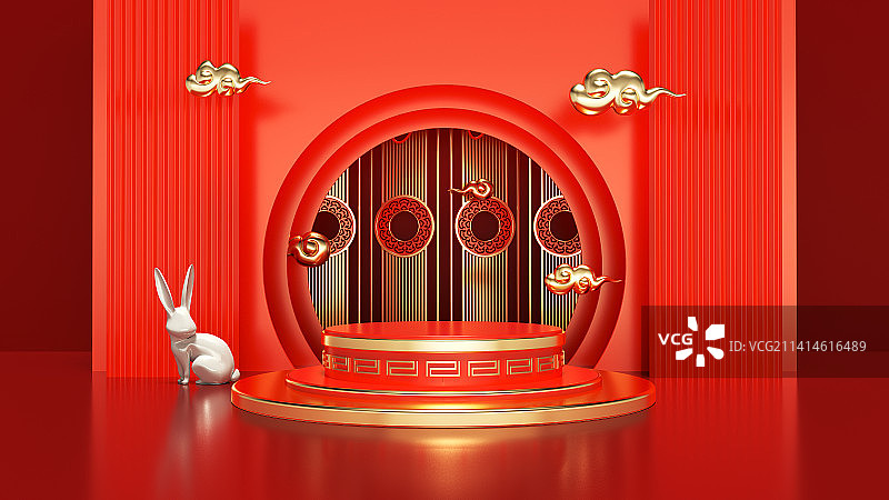 C4D新年产品展台，春节，红色，中国风，国潮，电商图片素材