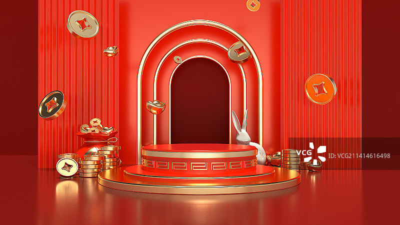 C4D新年产品展台，春节，红色，中国风，国潮，电商图片素材