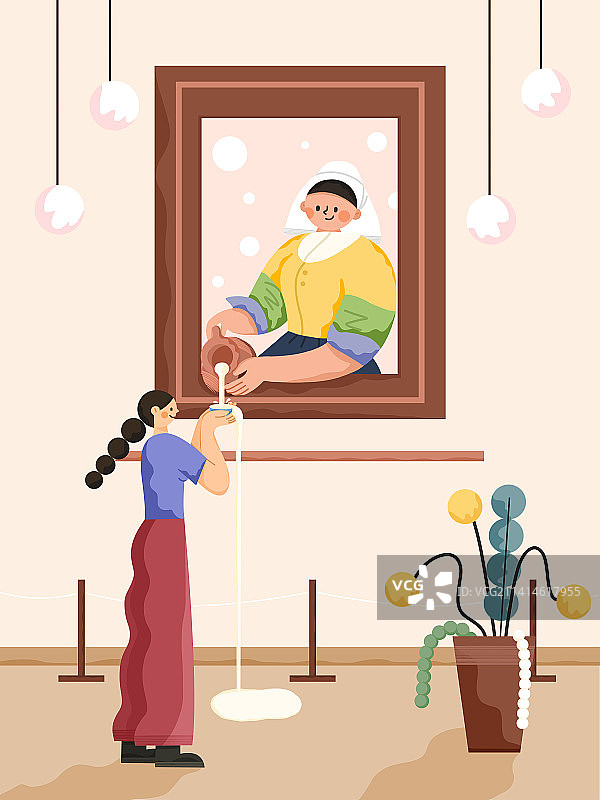 一个女孩在美术馆遇见倒牛奶的女人场景扁平插画图片素材