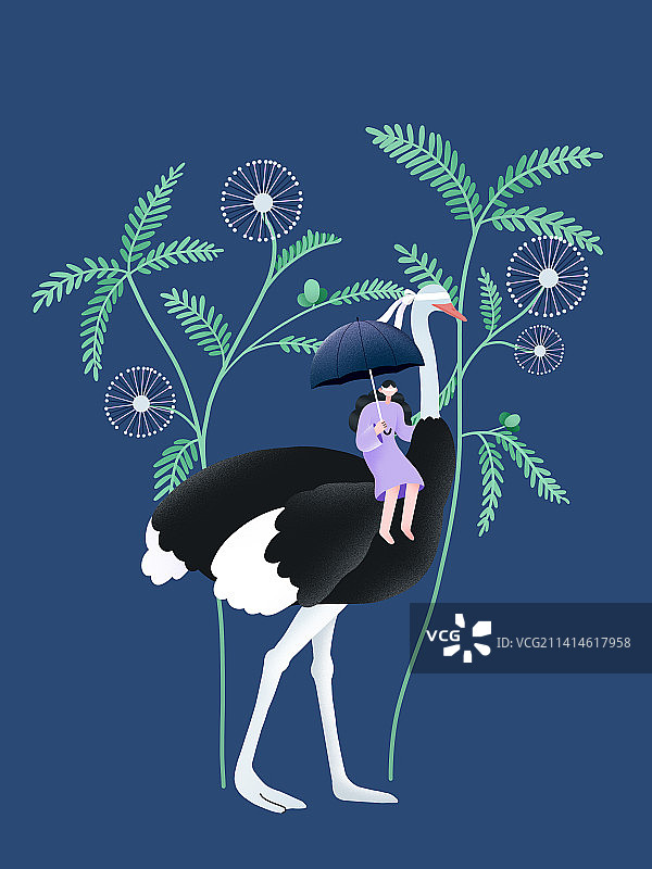 一个女孩骑着鸵鸟穿过含羞草丛林场景插画图片素材
