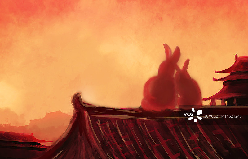 两只兔子团圆在屋顶上庆新年插画图片素材