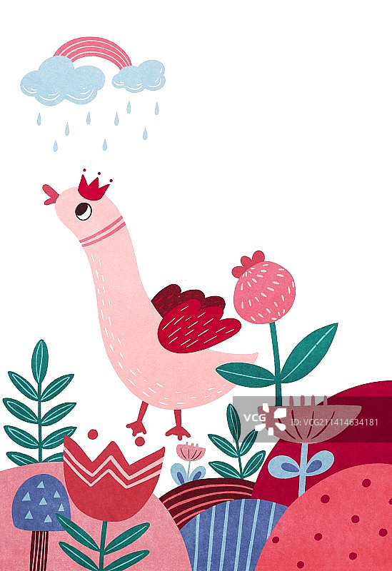 扁平风洋红配色花丛中散步的鸭子图片素材