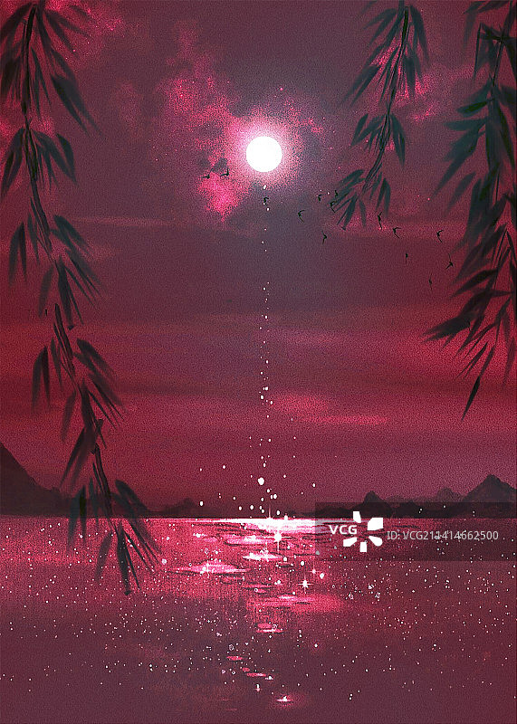 氛围感洋红色夜晚海上明月风景插画图片素材