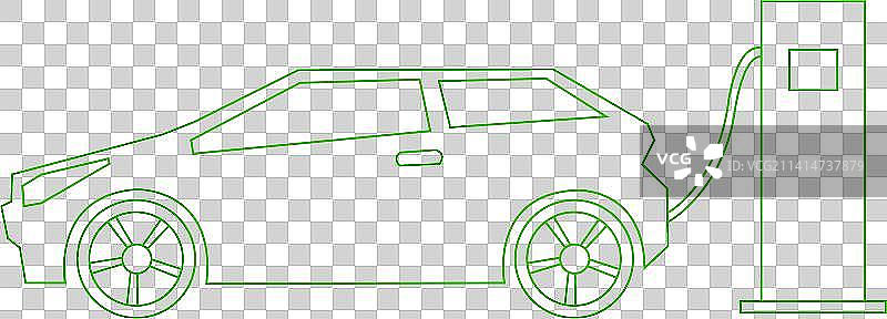 绿色线设计新能源汽车与充电桩插画元素，电动汽车充电插画元素，说明走向绿色新能源汽车环保碳达峰插画图片素材