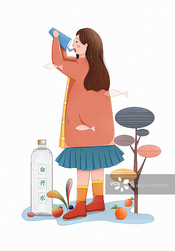 居家隔离密接被感染阳性后插画系列 感冒轻症多喝水多吃水果补充维生素C图片素材