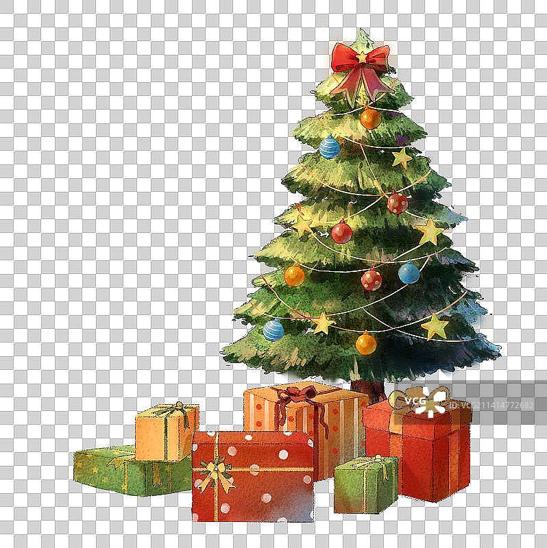 圣诞节礼物与圣诞树-元素插画图片素材