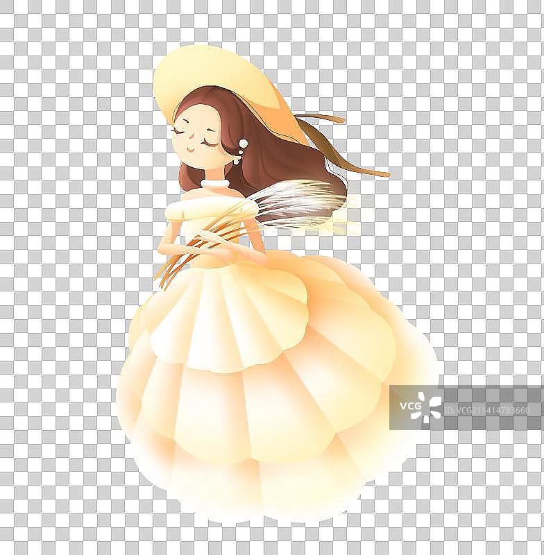 橙色唯美卡通捧着芦苇的蓬蓬裙美女插画元素图片素材