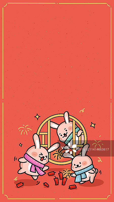 兔年春节放鞭炮喜庆新年海报可爱卡通竖图图片素材