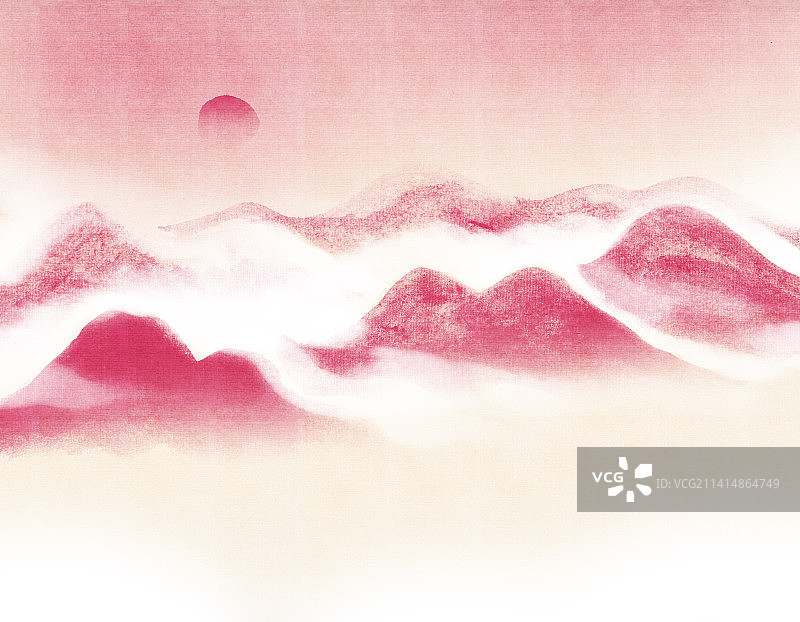 非凡洋红水墨山水中国风风景插画图片素材