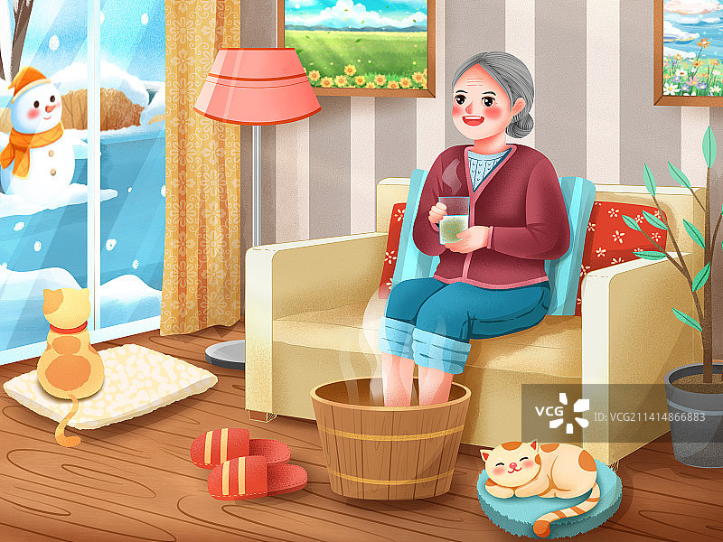 冬天泡脚喝茶的老奶奶插画图片素材