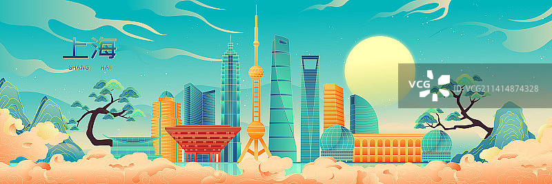 上海国潮风城市地标建筑矢量插画图片素材