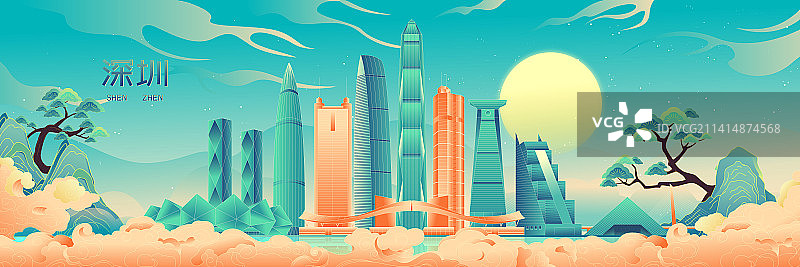 深圳国潮风城市地标建筑矢量插画图片素材