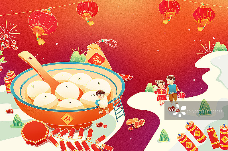传统国画元宵节新年节日插画图片素材