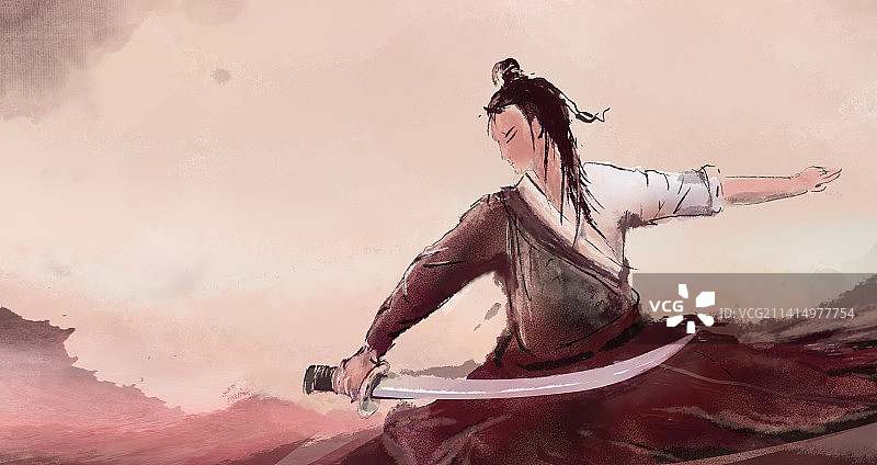 武侠人物在江湖中练剑的插画图片素材