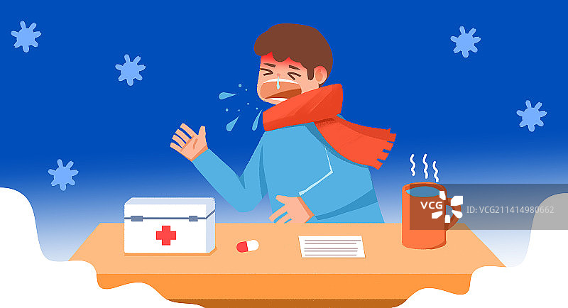 卡通手绘新冠疫情病毒感冒插画图片素材