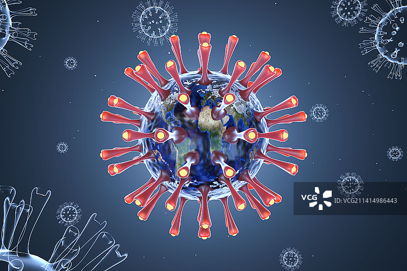 3D渲染高清微观抽象新冠病毒印着世界地图图片素材