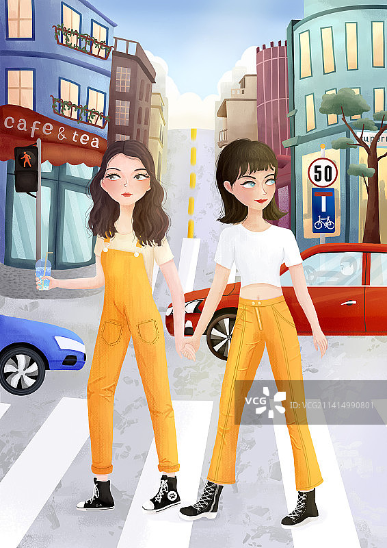 手牵手逛街的闺蜜图片素材