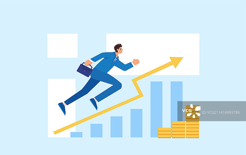 西装男人向目标跑矢量插画，高端理财股市箭头涨幅上涨互联网金融证券活动，奔跑的商人努力工作概念赚钱金币图片素材