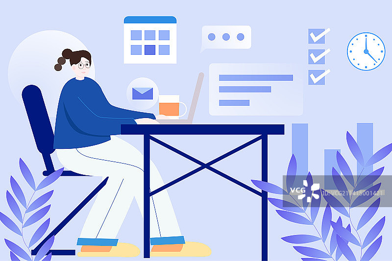 卡通节日职工职员办公室人员居家隔离上班线上办公聊天沟通跨区域疫情卧室客厅室内商务素材设计扁平矢量插画图片素材