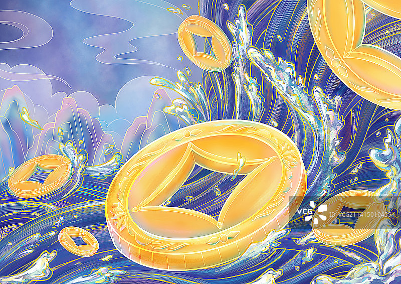 国潮风财富财金币铜钱瀑布海浪山水插画图片素材