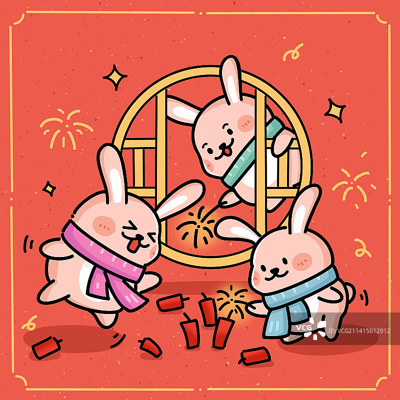 兔年新春放鞭炮兔子可爱喜庆红色方形插画图片素材