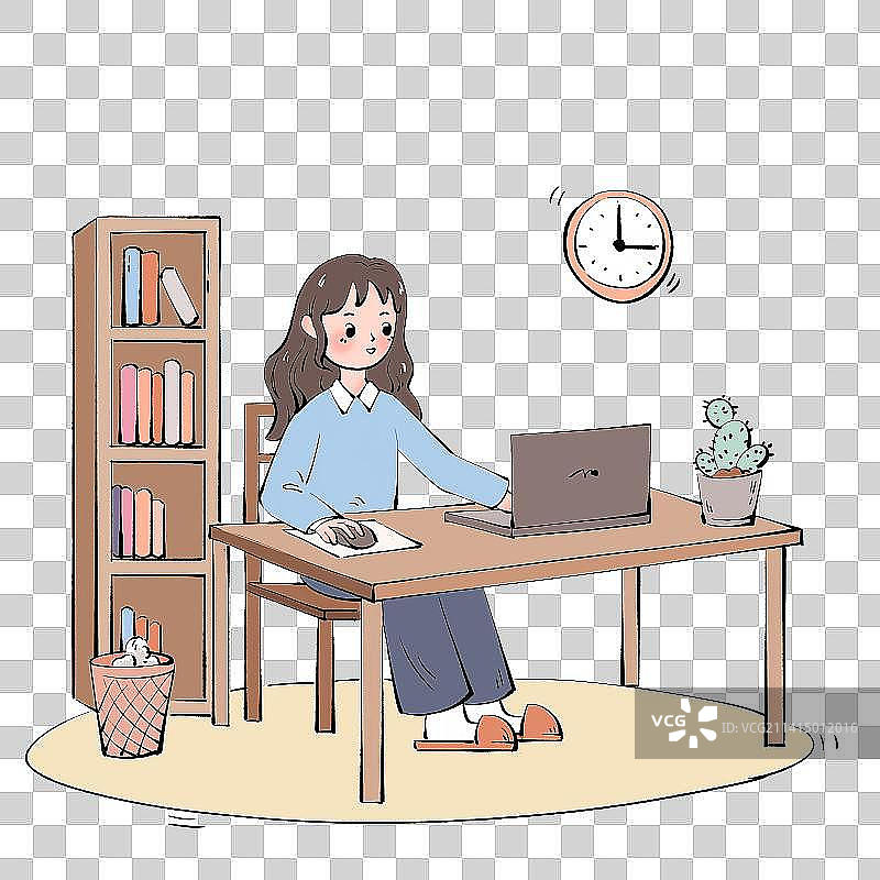 扁平风女孩居家办公小场景插画图片素材