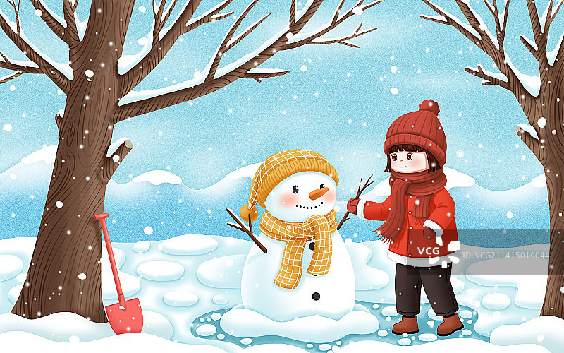 冬天雪中堆雪人的女孩图片素材
